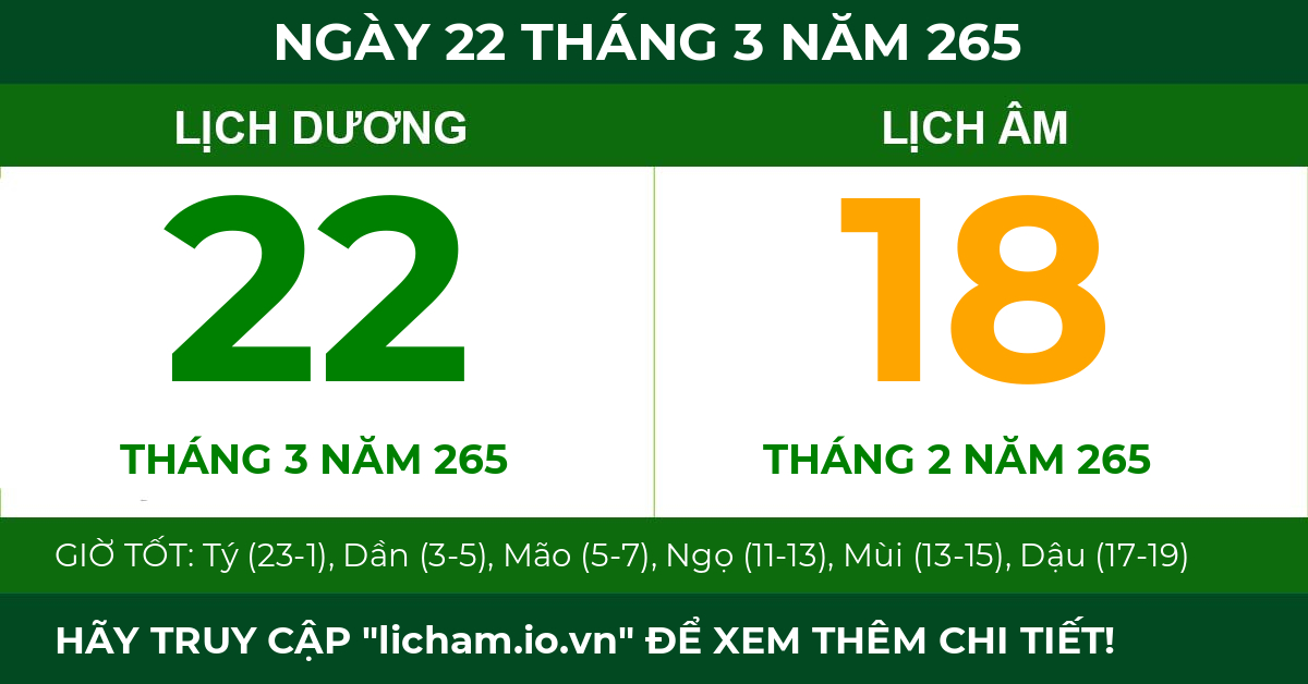 lịch âm ngày 22 tháng 3 năm 265