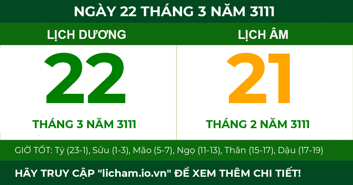 lịch âm ngày 22 tháng 3 năm 3111