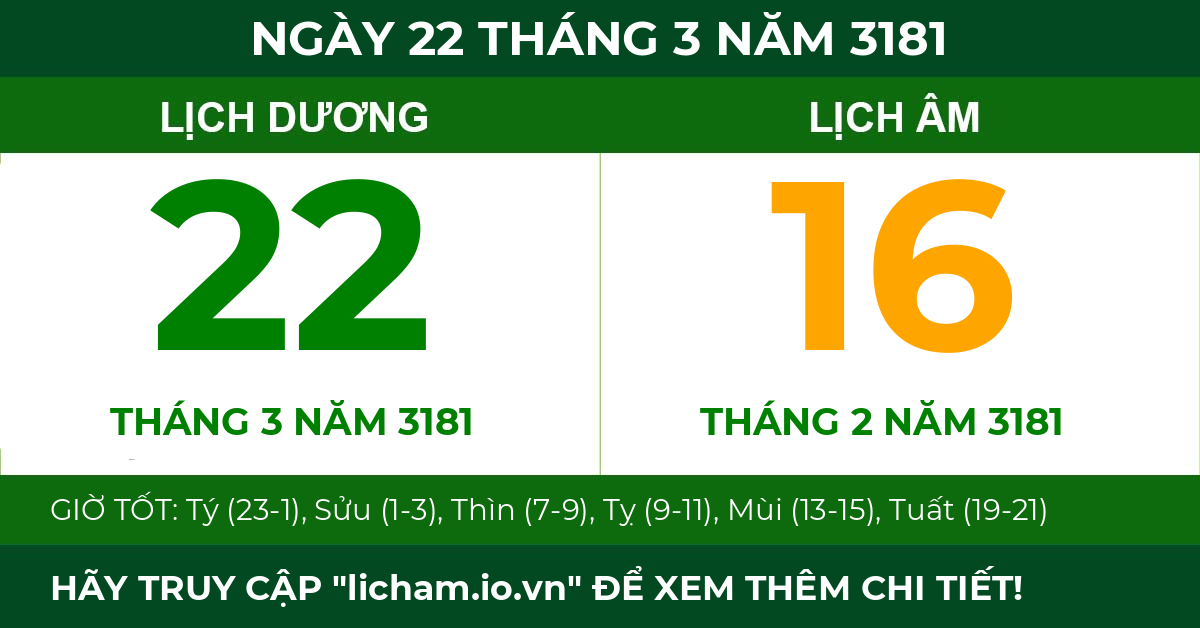 lịch âm ngày 22 tháng 3 năm 3181