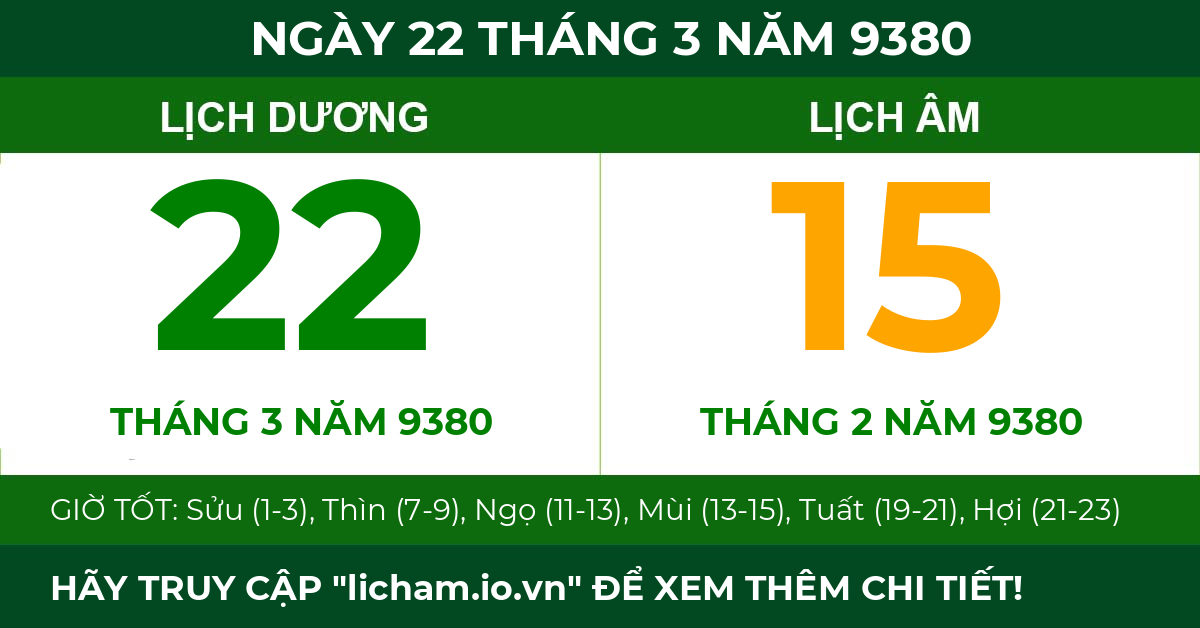 lịch âm ngày 22 tháng 3 năm 9380