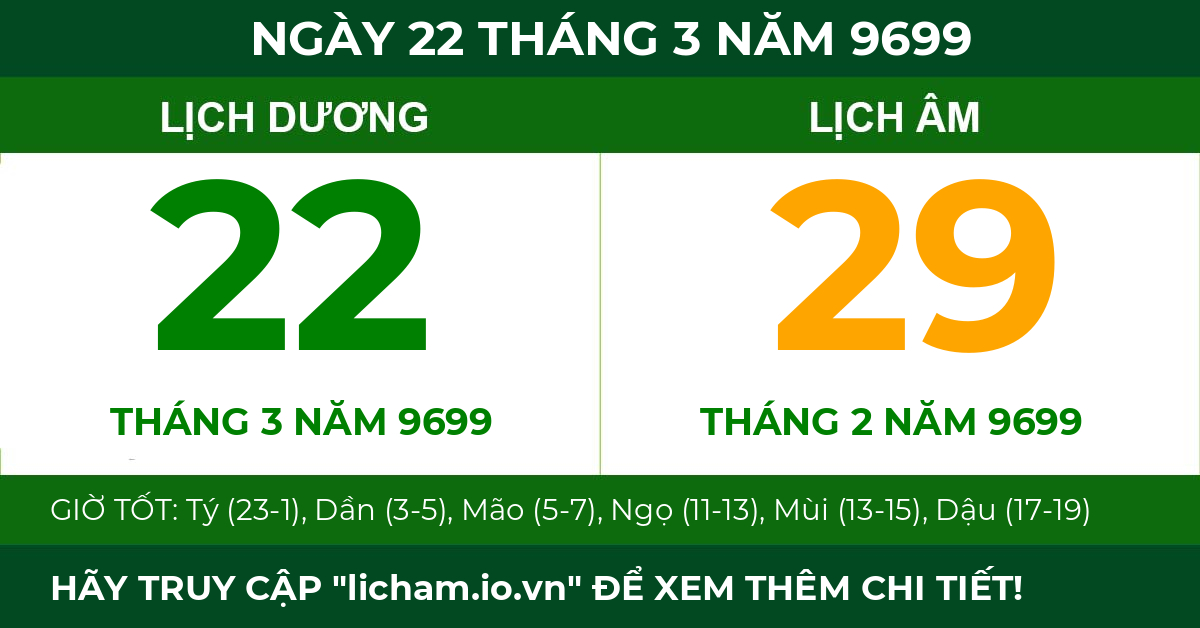 lịch âm ngày 22 tháng 3 năm 9699