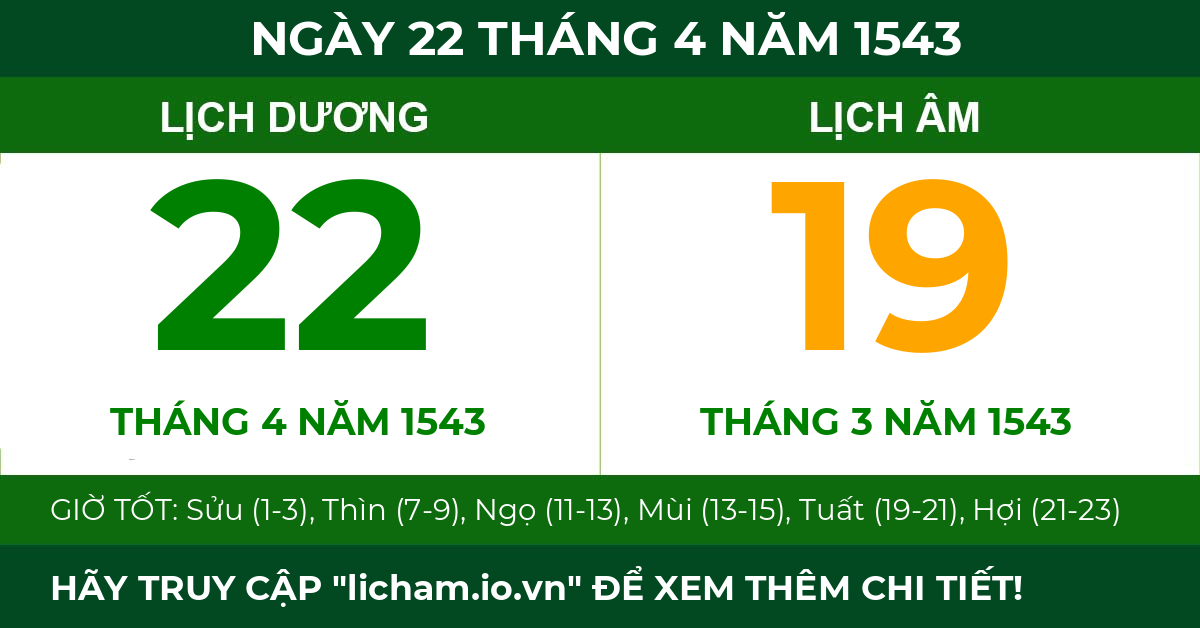 lịch âm ngày 22 tháng 4 năm 1543