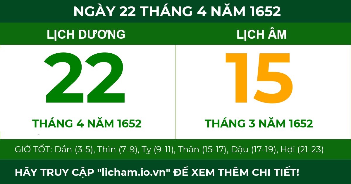 lịch âm ngày 22 tháng 4 năm 1652