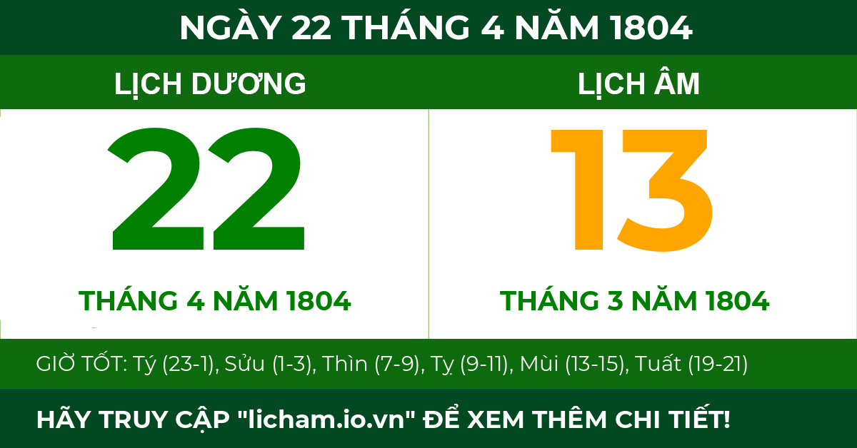 lịch âm ngày 22 tháng 4 năm 1804