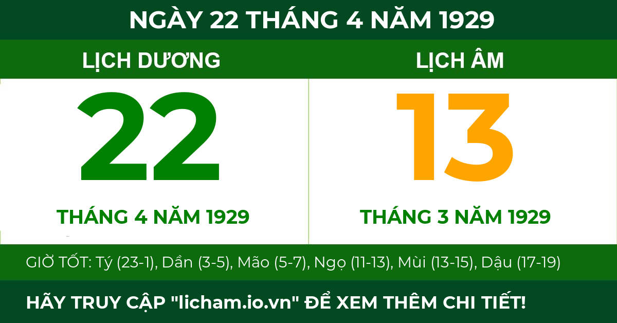 lịch âm ngày 22 tháng 4 năm 1929