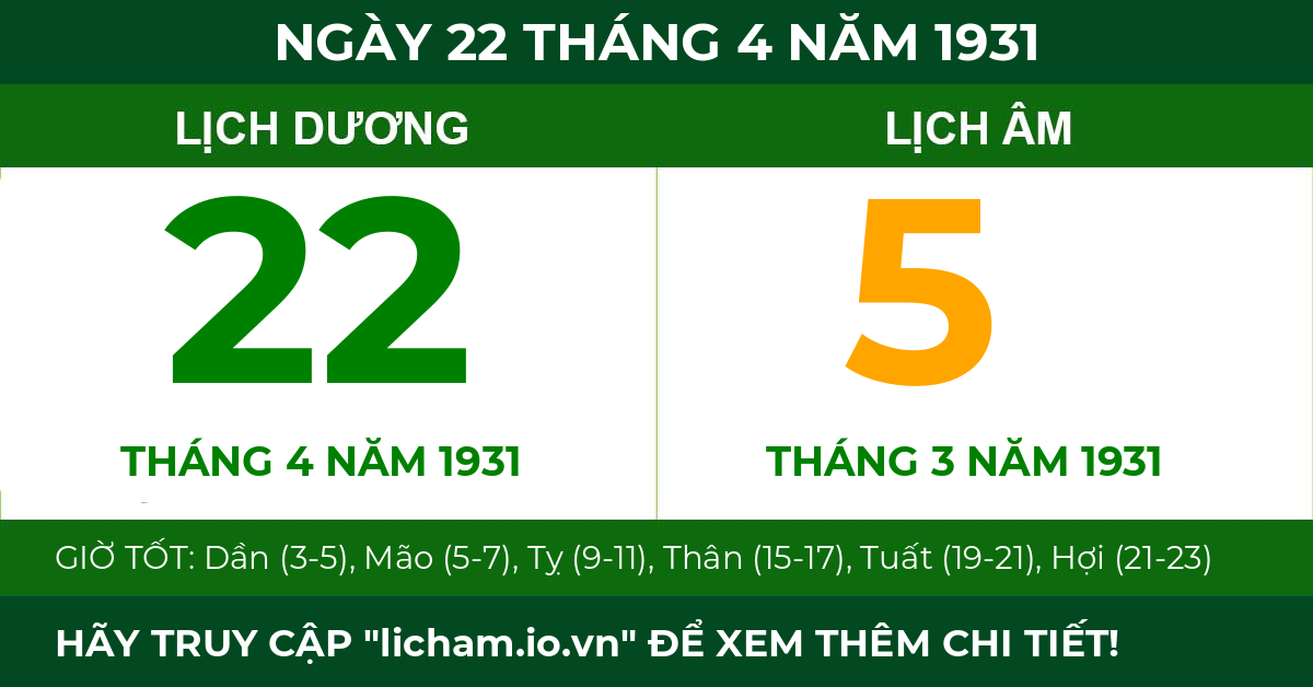 lịch âm ngày 22 tháng 4 năm 1931