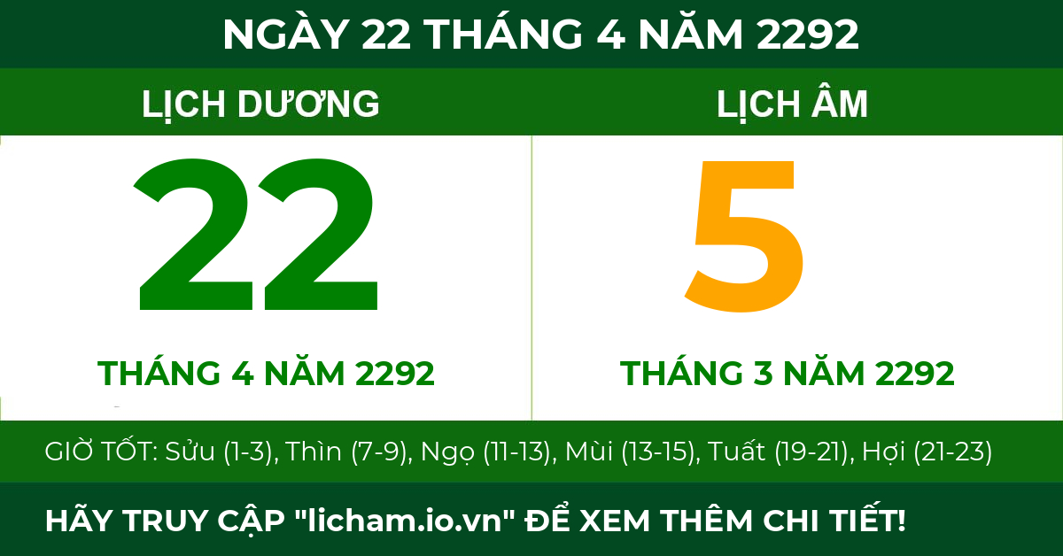 lịch âm ngày 22 tháng 4 năm 2292