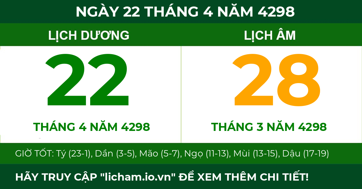 lịch âm ngày 22 tháng 4 năm 4298