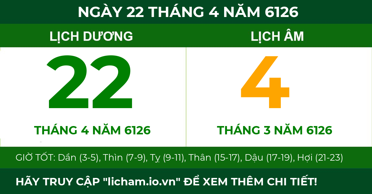 lịch âm ngày 22 tháng 4 năm 6126