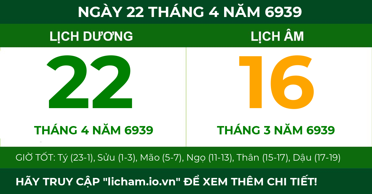 lịch âm ngày 22 tháng 4 năm 6939