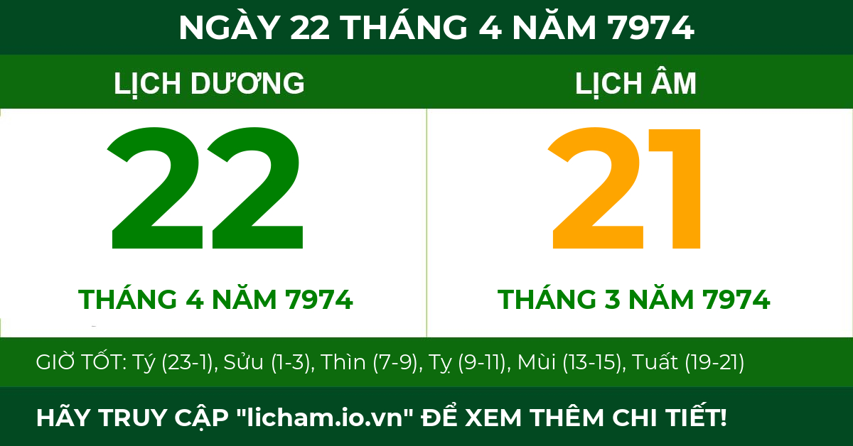 lịch âm ngày 22 tháng 4 năm 7974
