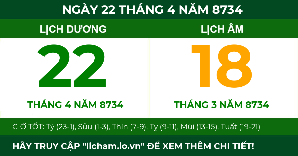 lịch âm ngày 22 tháng 4 năm 8734
