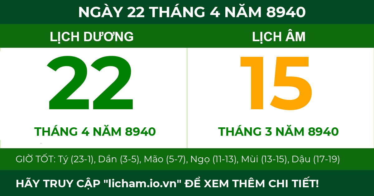 lịch âm ngày 22 tháng 4 năm 8940