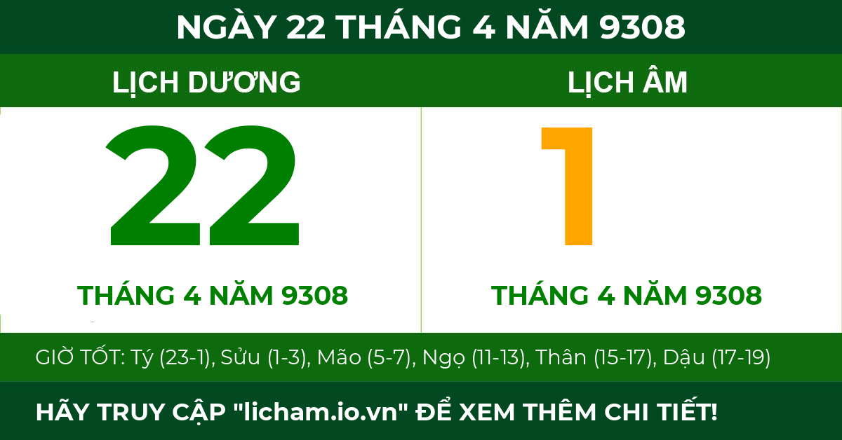 lịch âm ngày 22 tháng 4 năm 9308