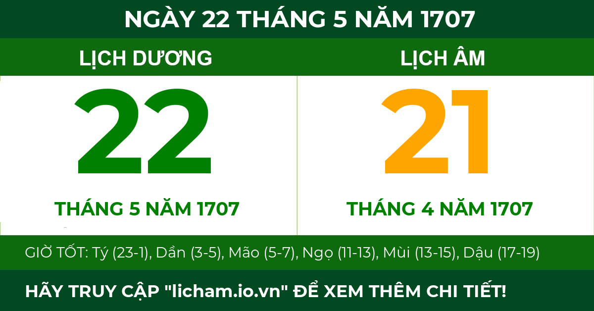 lịch âm ngày 22 tháng 5 năm 1707