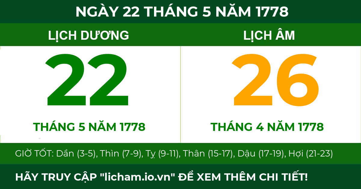 lịch âm ngày 22 tháng 5 năm 1778