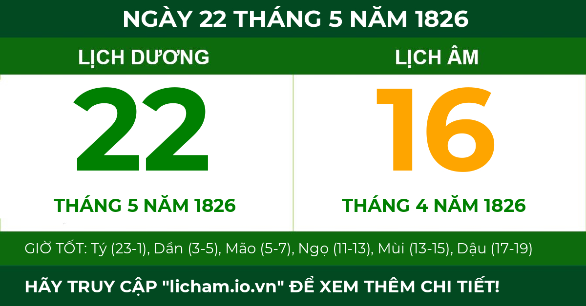 lịch âm ngày 22 tháng 5 năm 1826