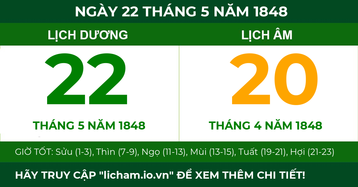 lịch âm ngày 22 tháng 5 năm 1848