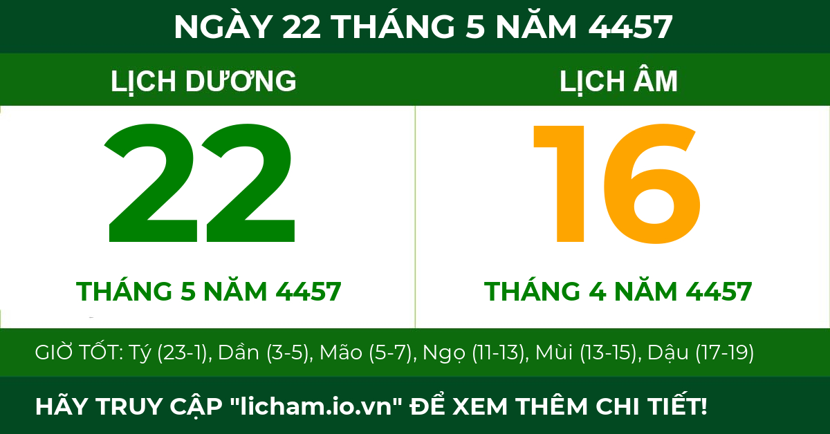 lịch âm ngày 22 tháng 5 năm 4457