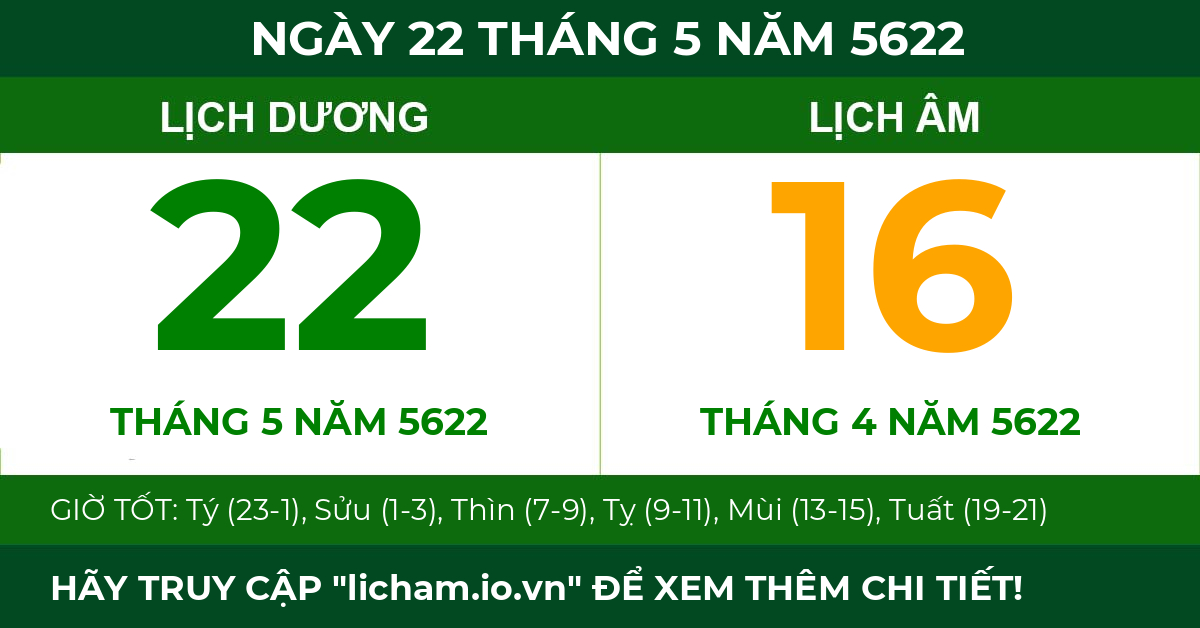 lịch âm ngày 22 tháng 5 năm 5622