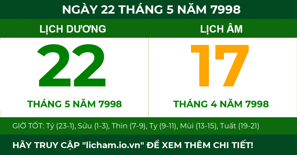 lịch âm ngày 22 tháng 5 năm 7998