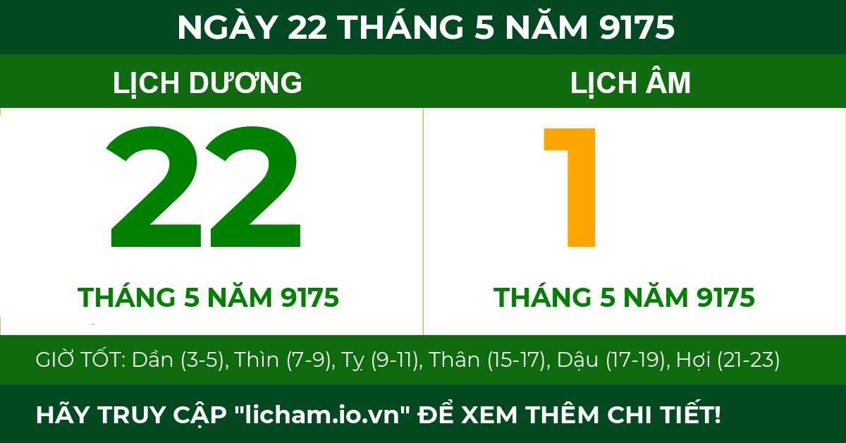 lịch âm ngày 22 tháng 5 năm 9175