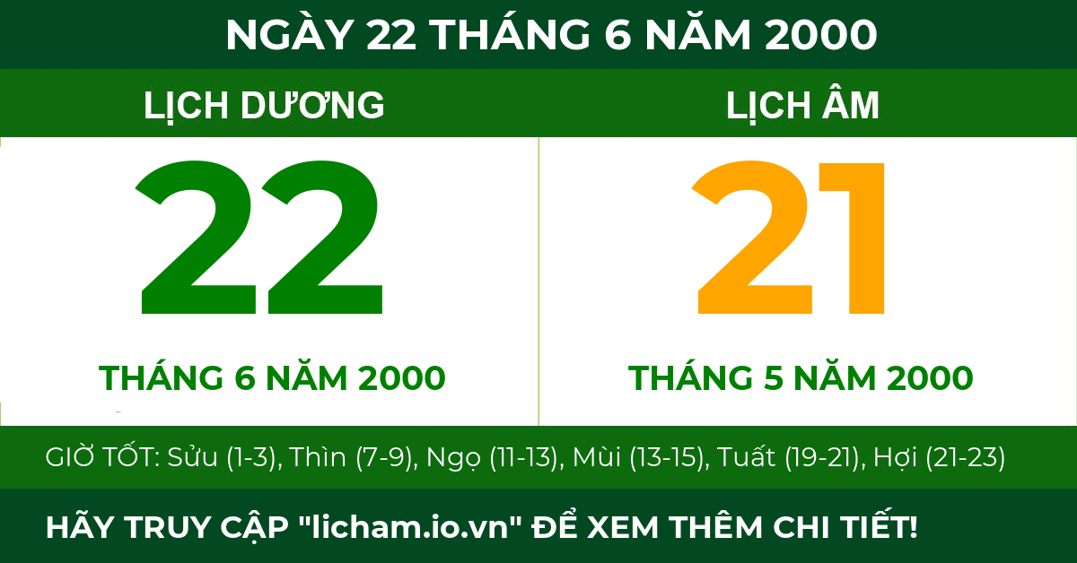 lịch âm ngày 22 tháng 6 năm 2000