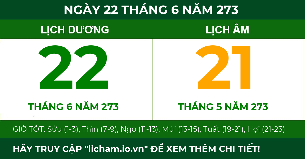 lịch âm ngày 22 tháng 6 năm 273