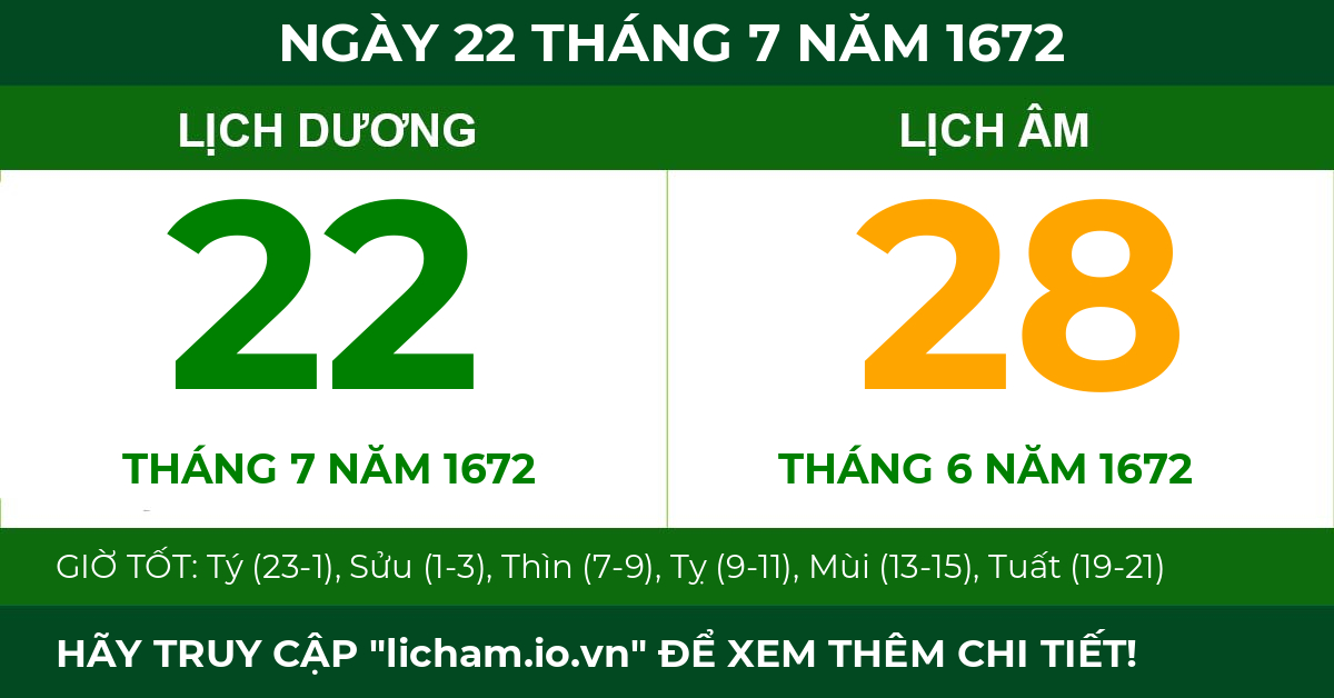 lịch âm ngày 22 tháng 7 năm 1672