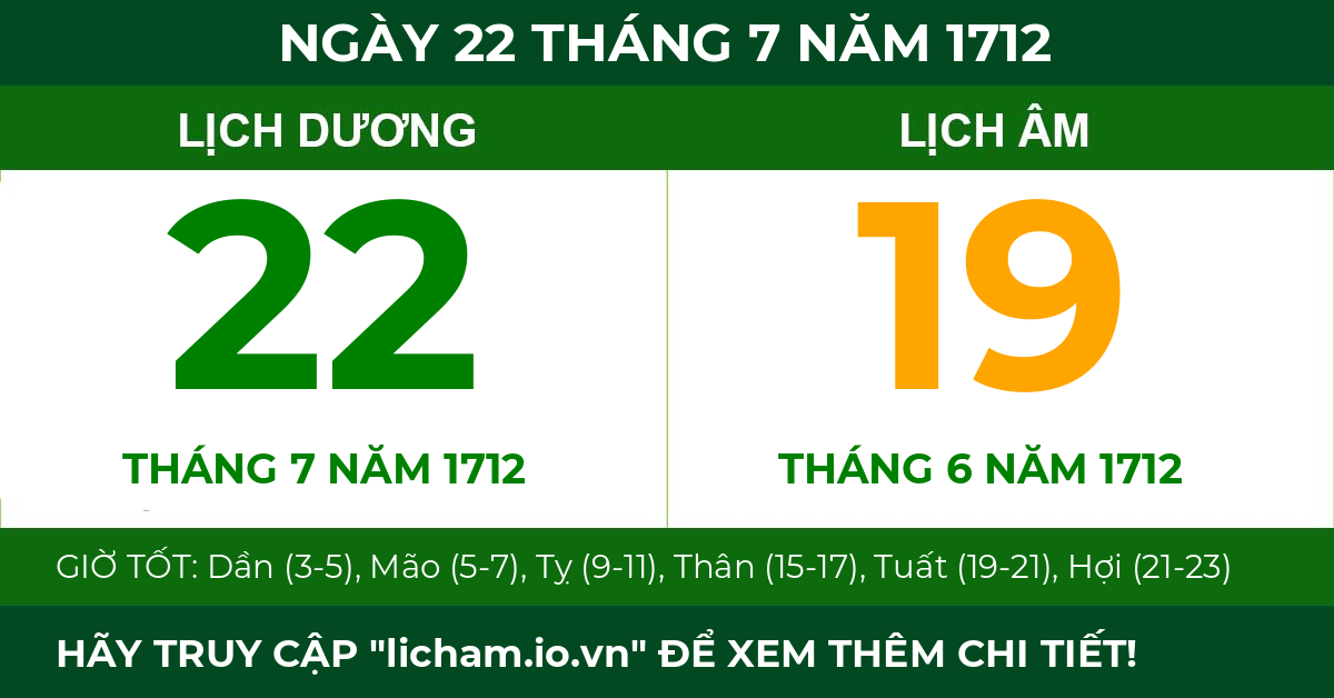 lịch âm ngày 22 tháng 7 năm 1712