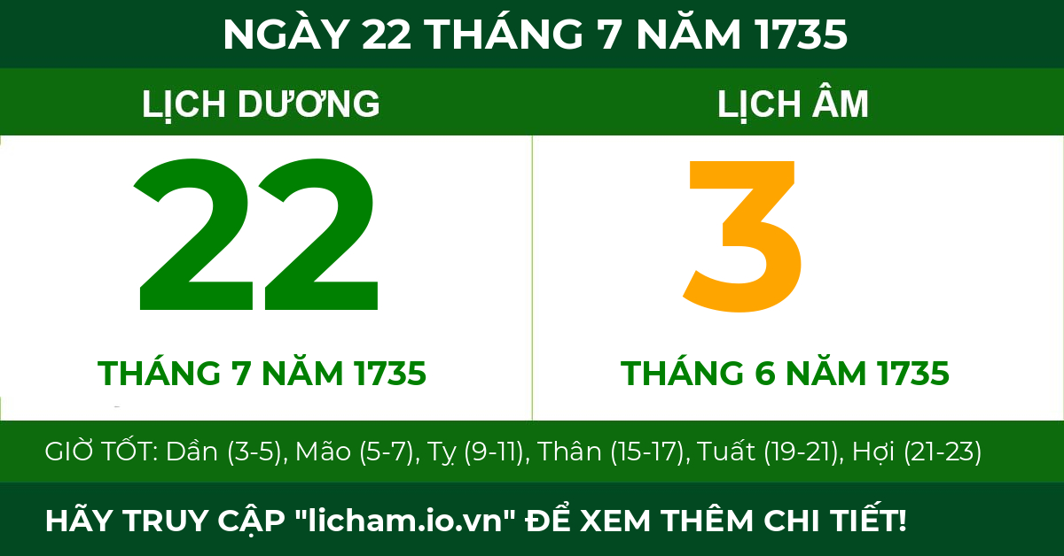 lịch âm ngày 22 tháng 7 năm 1735