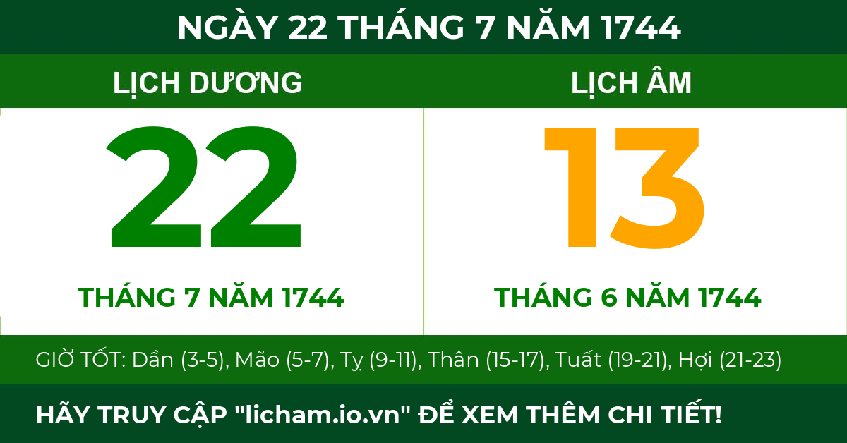 lịch âm ngày 22 tháng 7 năm 1744