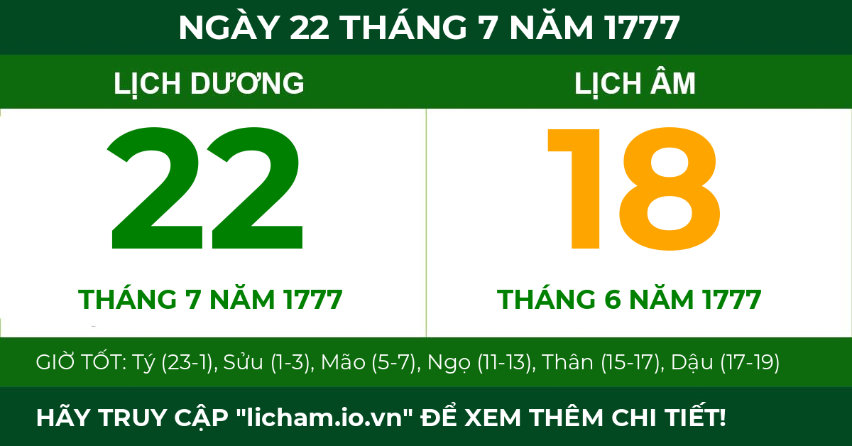 lịch âm ngày 22 tháng 7 năm 1777