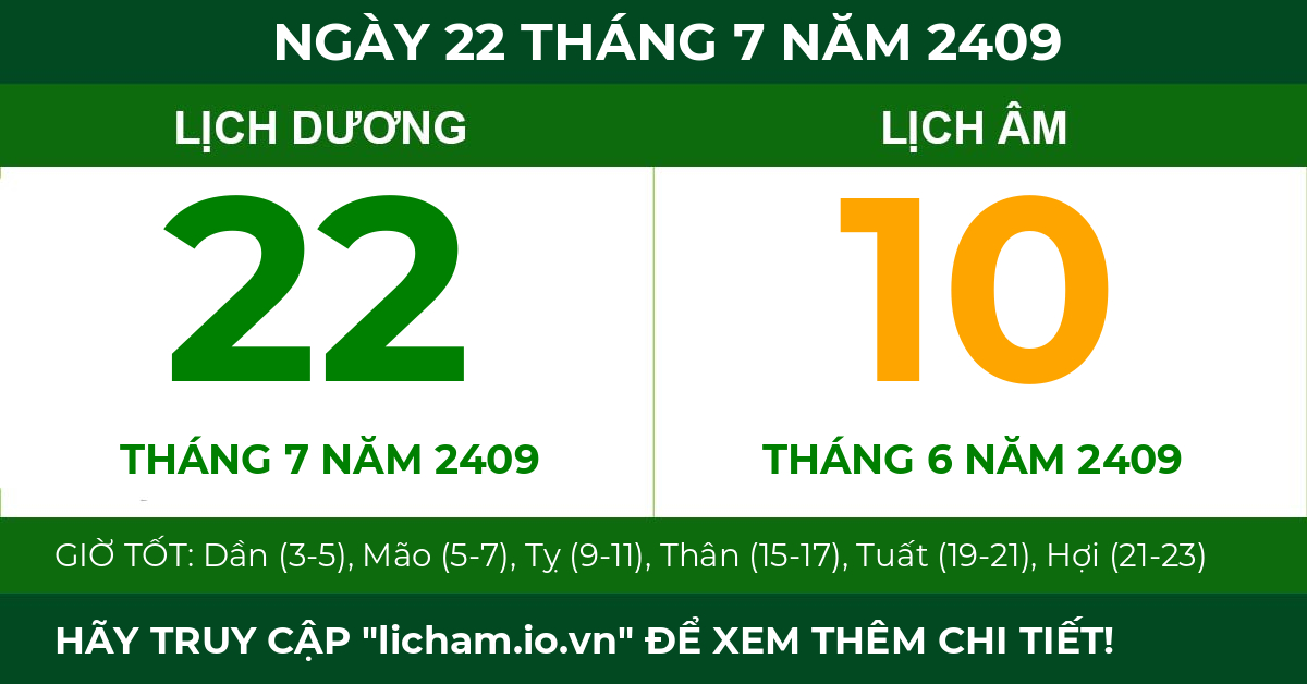 lịch âm ngày 22 tháng 7 năm 2409