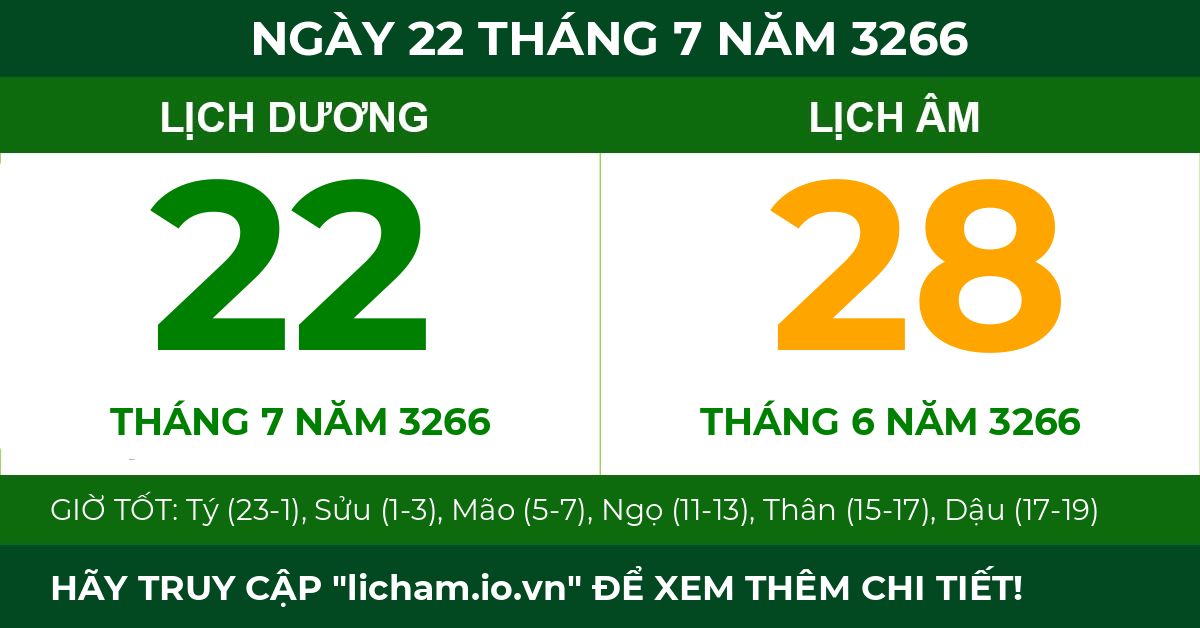lịch âm ngày 22 tháng 7 năm 3266