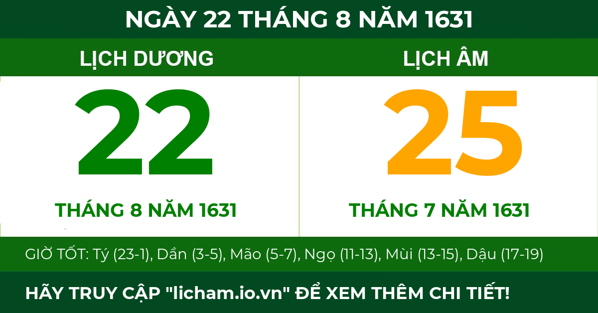 lịch âm ngày 22 tháng 8 năm 1631