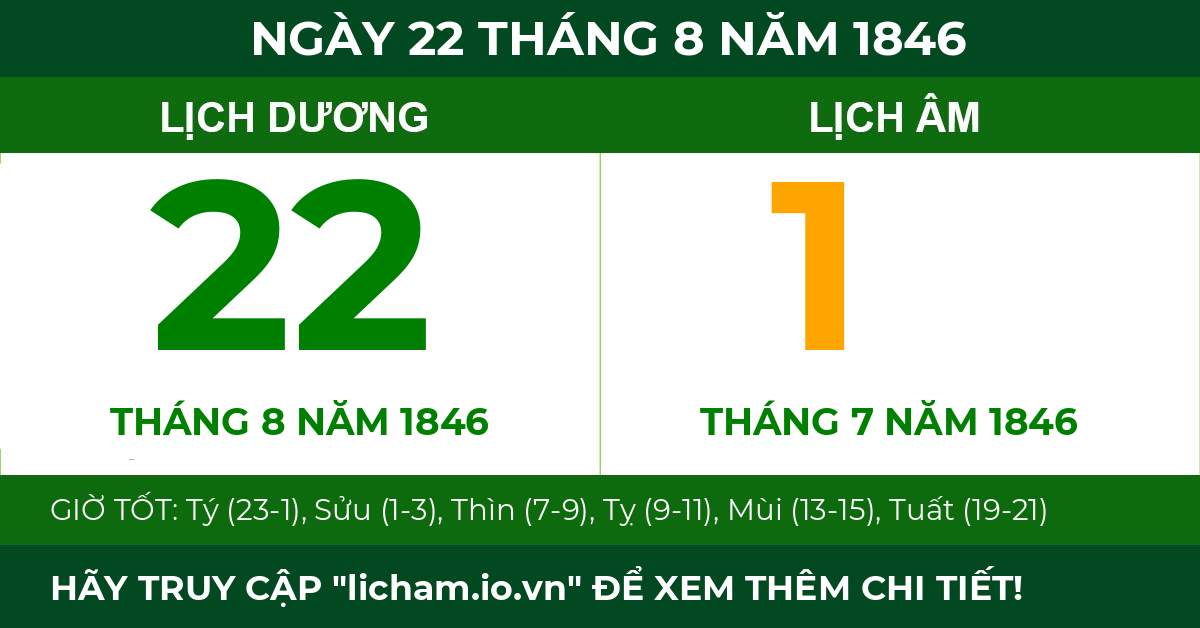 lịch âm ngày 22 tháng 8 năm 1846