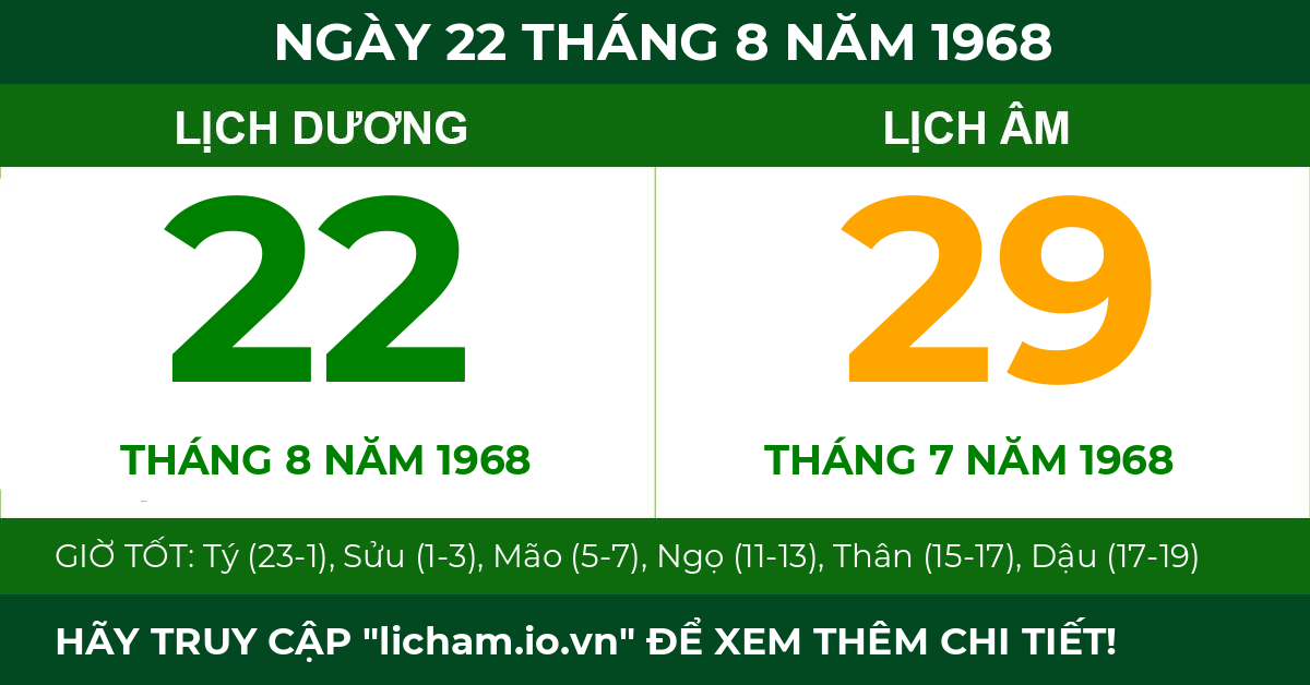 lịch âm ngày 22 tháng 8 năm 1968