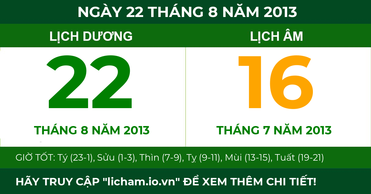 lịch âm ngày 22 tháng 8 năm 2013