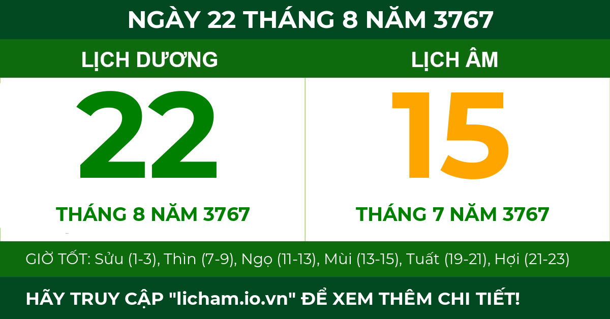lịch âm ngày 22 tháng 8 năm 3767