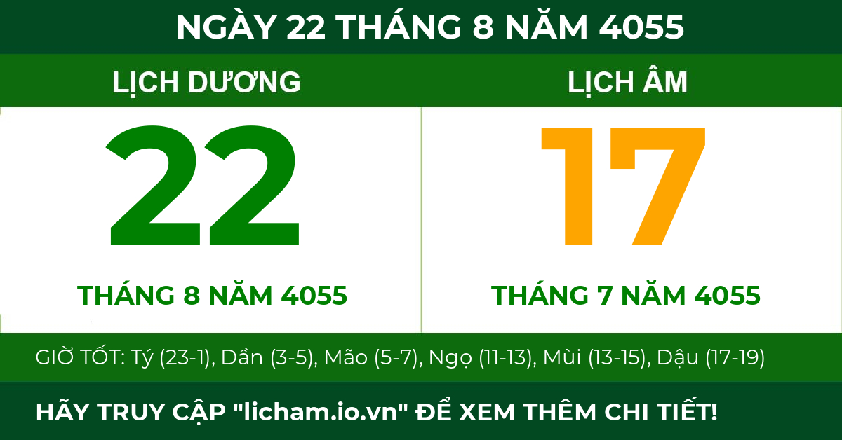 lịch âm ngày 22 tháng 8 năm 4055
