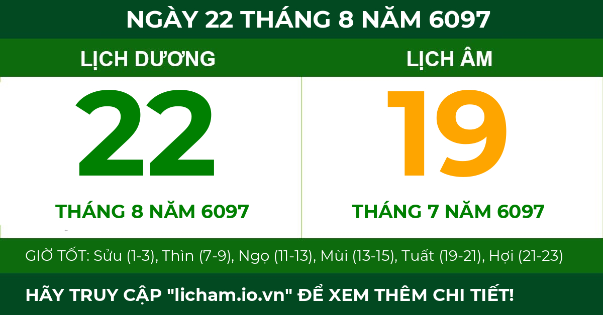 lịch âm ngày 22 tháng 8 năm 6097