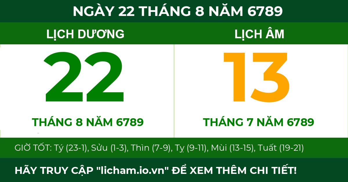 lịch âm ngày 22 tháng 8 năm 6789