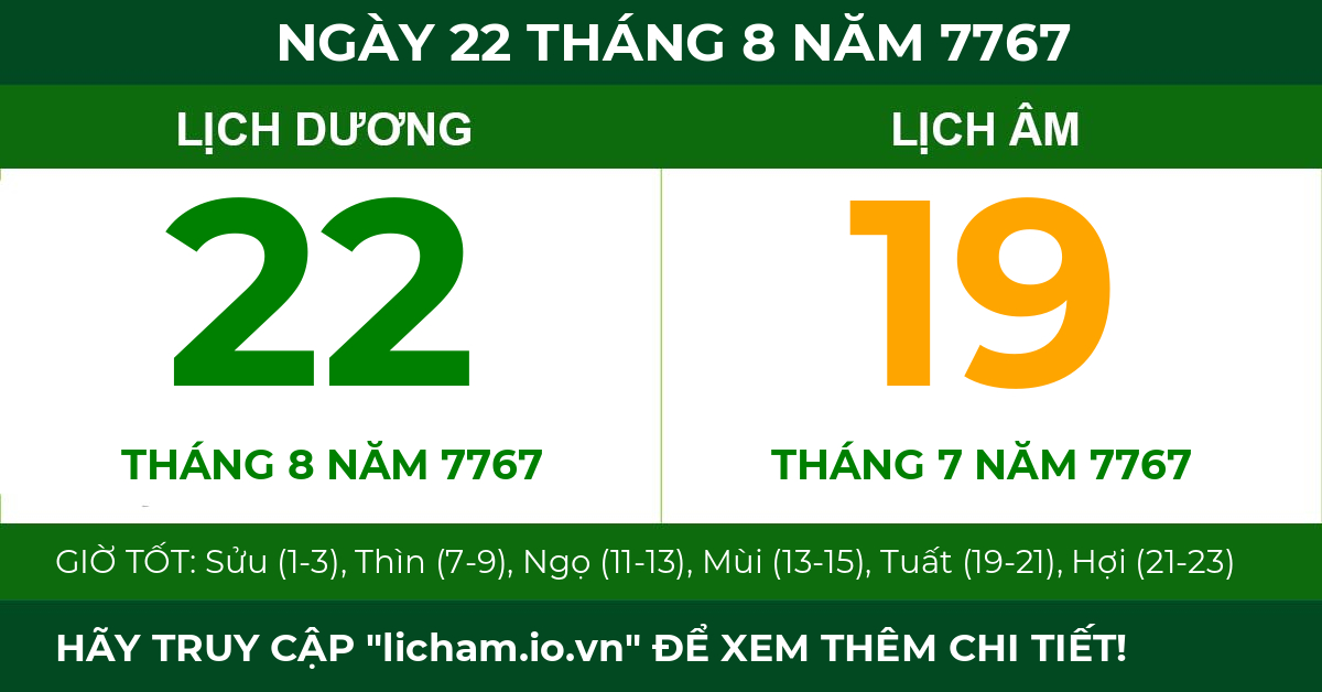 lịch âm ngày 22 tháng 8 năm 7767