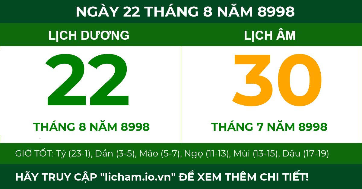 lịch âm ngày 22 tháng 8 năm 8998