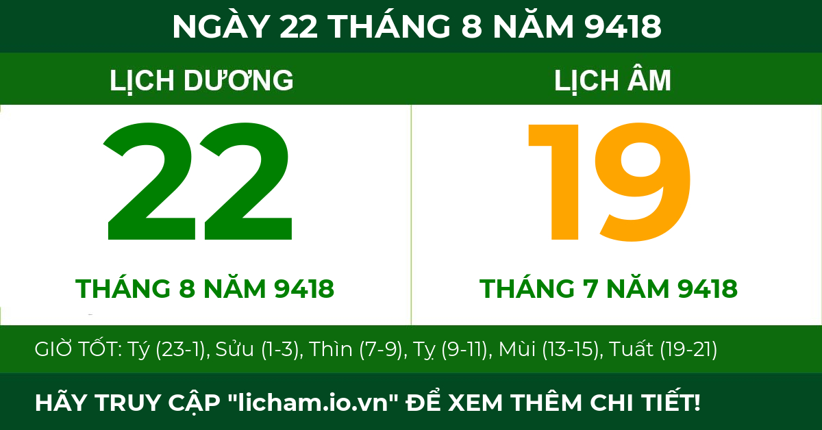 lịch âm ngày 22 tháng 8 năm 9418