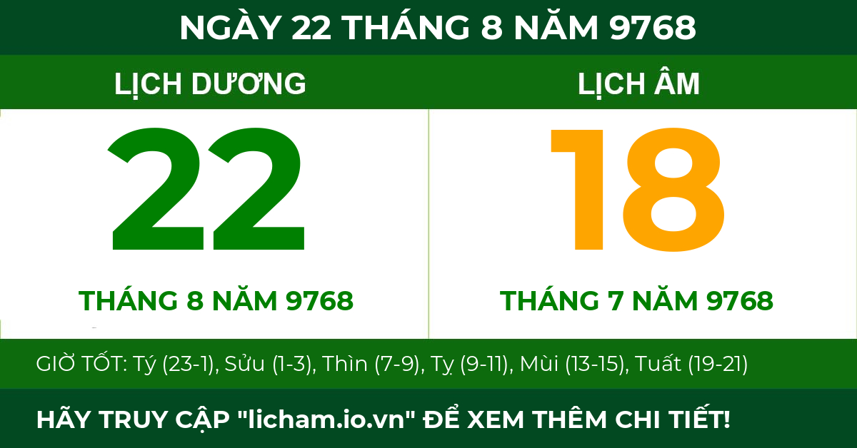 lịch âm ngày 22 tháng 8 năm 9768