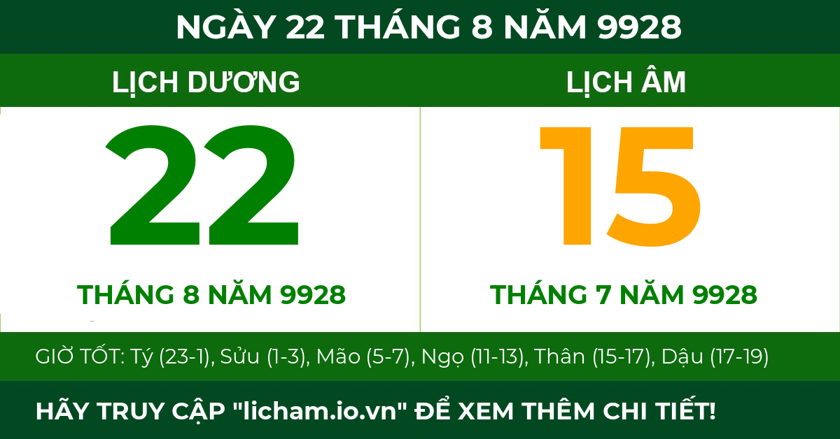 lịch âm ngày 22 tháng 8 năm 9928