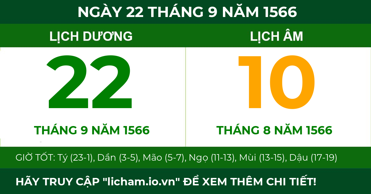 lịch âm ngày 22 tháng 9 năm 1566
