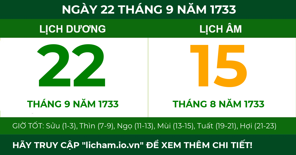 lịch âm ngày 22 tháng 9 năm 1733